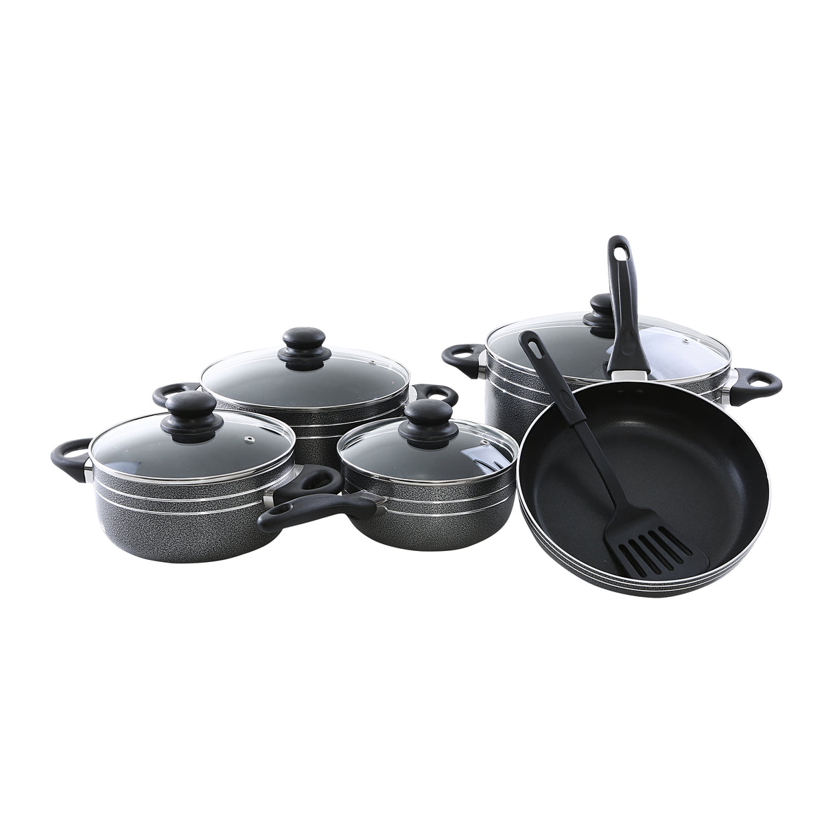 Royalford RF7065 10 Pcs Non-Stick Cookware Set  | Glass Lids | 3 Layer Coating |  Strong Aluminium Body  &  Heat-Resistant Bakelite Handles for Everyday Cooking