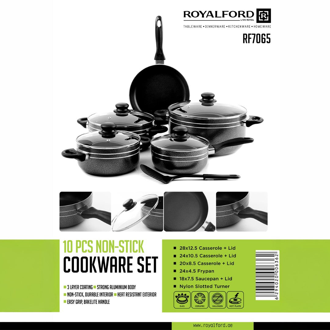 Royalford RF7065 10 Pcs Non-Stick Cookware Set  | Glass Lids | 3 Layer Coating |  Strong Aluminium Body  &  Heat-Resistant Bakelite Handles for Everyday Cooking