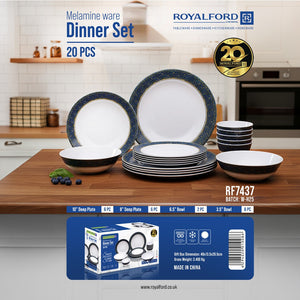 Royalford RF7437 Melamine Ware Dinner Set 20 Pcs | Elegant Blue & White Deep Plates & Bowls | Break Resistant, Dishwasher Safe Premium Tableware for Home & Dining Use