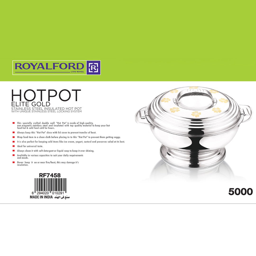 Royalford RF7458 5000ml Elite Gold Stainless Steel Insulated Hot Pot  with Locking Lid | Unique stainless steel locking | Rust-resistant, durable, and easy-to-clean body