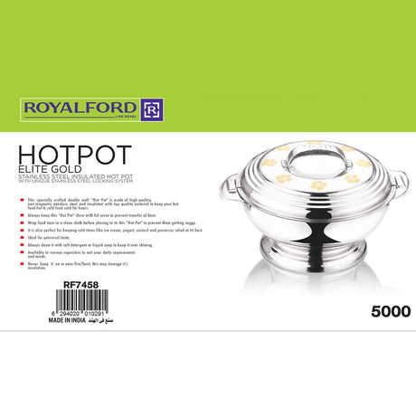 Royalford RF7458 5000ml Elite Gold Stainless Steel Insulated Hot Pot  with Locking Lid | Unique stainless steel locking | Rust-resistant, durable, and easy-to-clean body