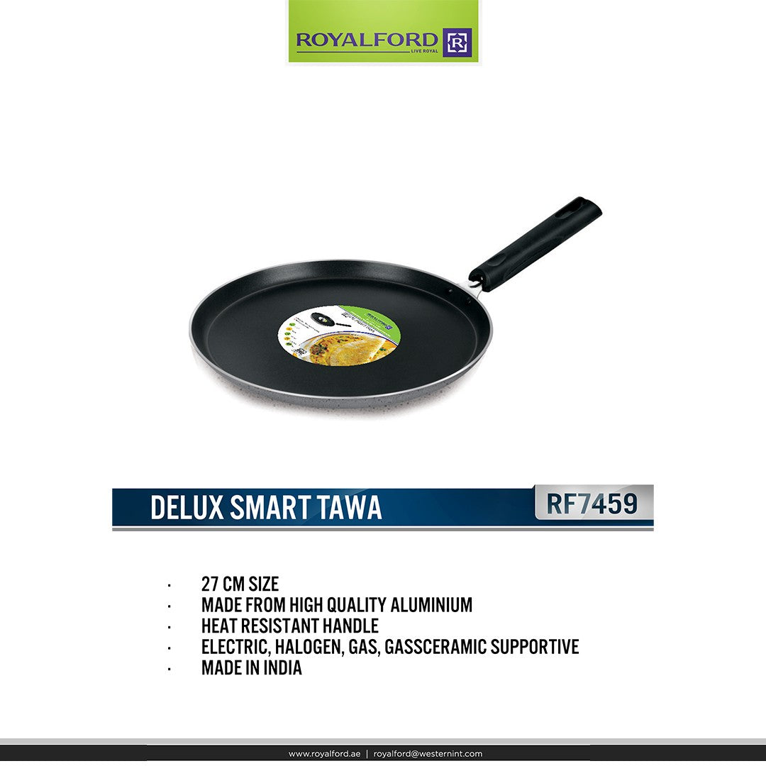 Royalford RF7459 Deluxe Smart Tawa 27CM | Non-Stick Aluminium Flat Tawa |  Genuine Dupont Coating | Heat-Resistant Bakelite Handle | Gas, Electric & Halogen Compatible