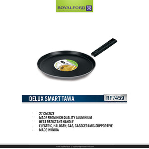 Royalford RF7459 Deluxe Smart Tawa 27CM | Non-Stick Aluminium Flat Tawa |  Genuine Dupont Coating | Heat-Resistant Bakelite Handle | Gas, Electric & Halogen Compatible