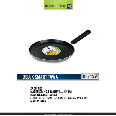 Royalford RF7459 Deluxe Smart Tawa 27CM | Non-Stick Aluminium Flat Tawa |  Genuine Dupont Coating | Heat-Resistant Bakelite Handle | Gas, Electric & Halogen Compatible