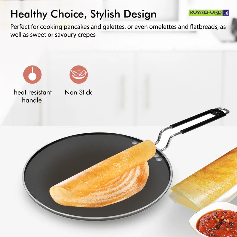 Royalford RF7460 27cm Aluminium Smart Tawa | Non-Stick Coating | Heat Resistant Handle | Low Oil Cooking | Flat Pan for Dosa, Roti , Pancake, Gas & Electric Use