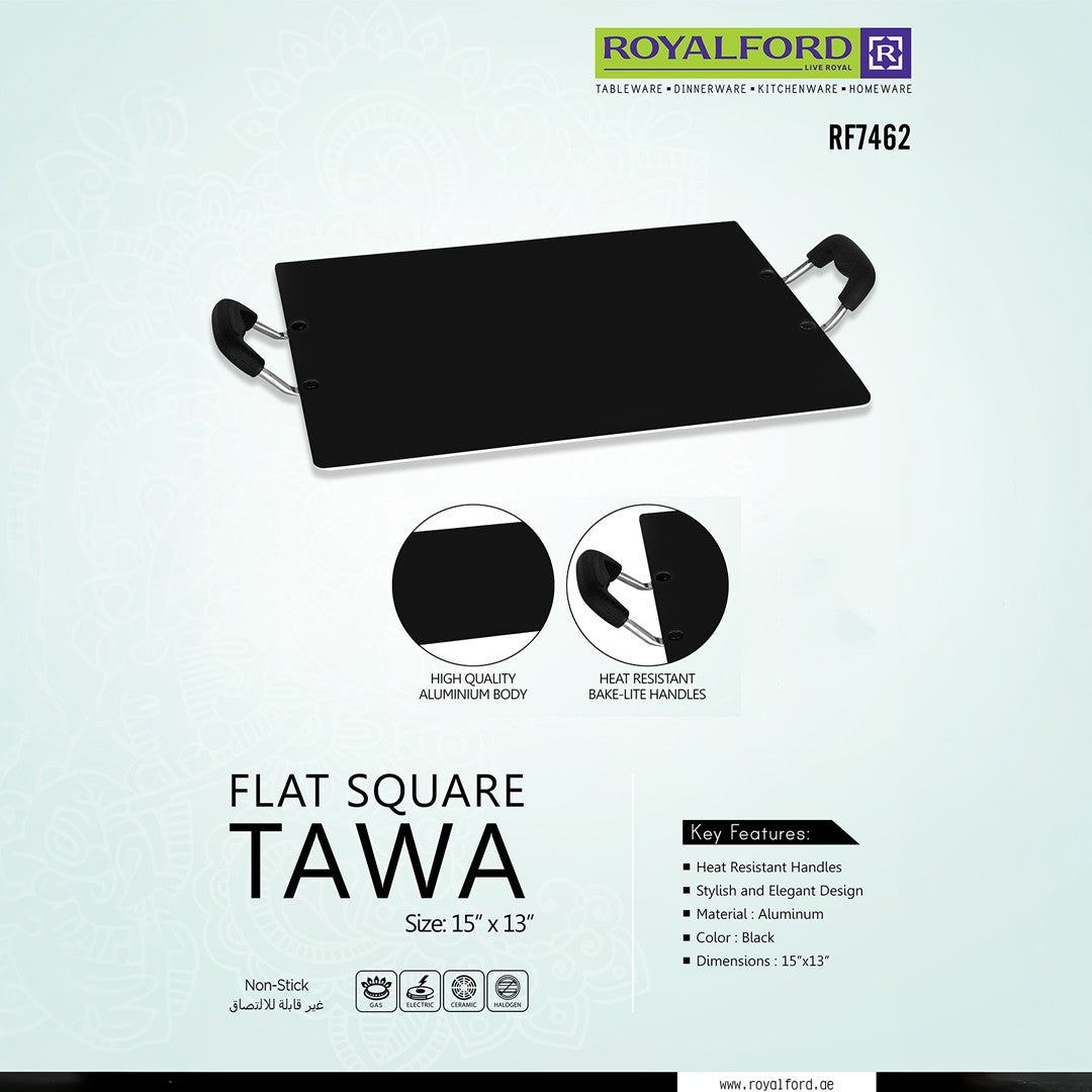 Royalford RF7462 Flat Square Tawa 15x13 Inch | Non-Stick Aluminium Cooking Tawa | Heat Resistant Bakelite Handles for Gas, Electric, Ceramic & Halogen Cooktops Use