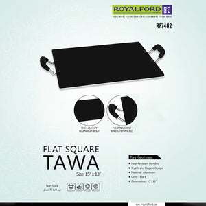 Royalford RF7462 Flat Square Tawa 15x13 Inch | Non-Stick Aluminium Cooking Tawa | Heat Resistant Bakelite Handles for Gas, Electric, Ceramic & Halogen Cooktops Use