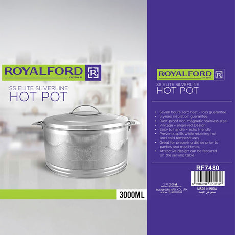 Royalford RF7480 3000ml  SS Elite Silverline Hot Pot with Etching Stainless Steel Insulated Food Warmer | Premium rust-proof stainless steel | High-density PU insulation