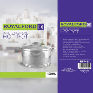 Royalford RF7481 4000ml SS Elite Silverline Hot Pot with Etching Stainless Steel Insulated Food Warmer | Premium rust-proof stainless steel | High-density PU insulation