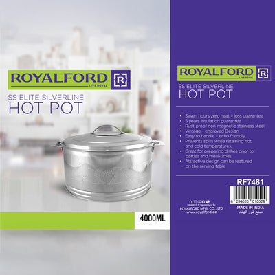 Royalford RF7481 4000ml SS Elite Silverline Hot Pot with Etching Stainless Steel Insulated Food Warmer | Premium rust-proof stainless steel | High-density PU insulation