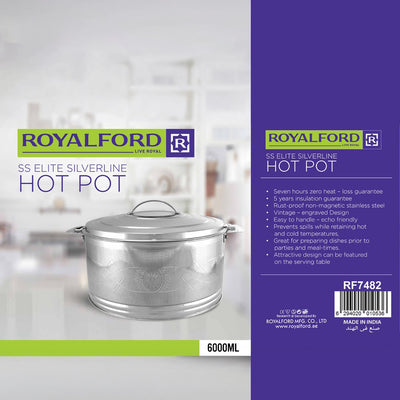Royalford RF7482 6000ml SS Elite Silverline Hot Pot with Etching Stainless Steel Insulated Food Warmer | High-density PU insulation | Keeps food hot and fresh | Food-safe