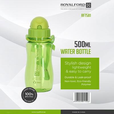 Royalford RF7581 500ml BPA-Free Water Bottle | Lightweight Leak-Proof Polymer Drinking Bottle with Carry Strap for School, Travel and Kids  Daily Hydration Use