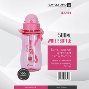 Royalford RF7581PN 500ml Water Bottle | BPA-Free | Lightweight Polymer Leak-Proof Drinking Bottle with Carry Strap for School, Gym, Travel, Kids & Daily Hydration