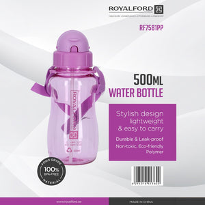 Royalford RF7581PP 500ml Water Bottle | BPA-Free Lightweight Polymer Leak-Proof Drinking Bottle with Carry Strap | Perfect for School, Travel, Kids Daily Hydration Use