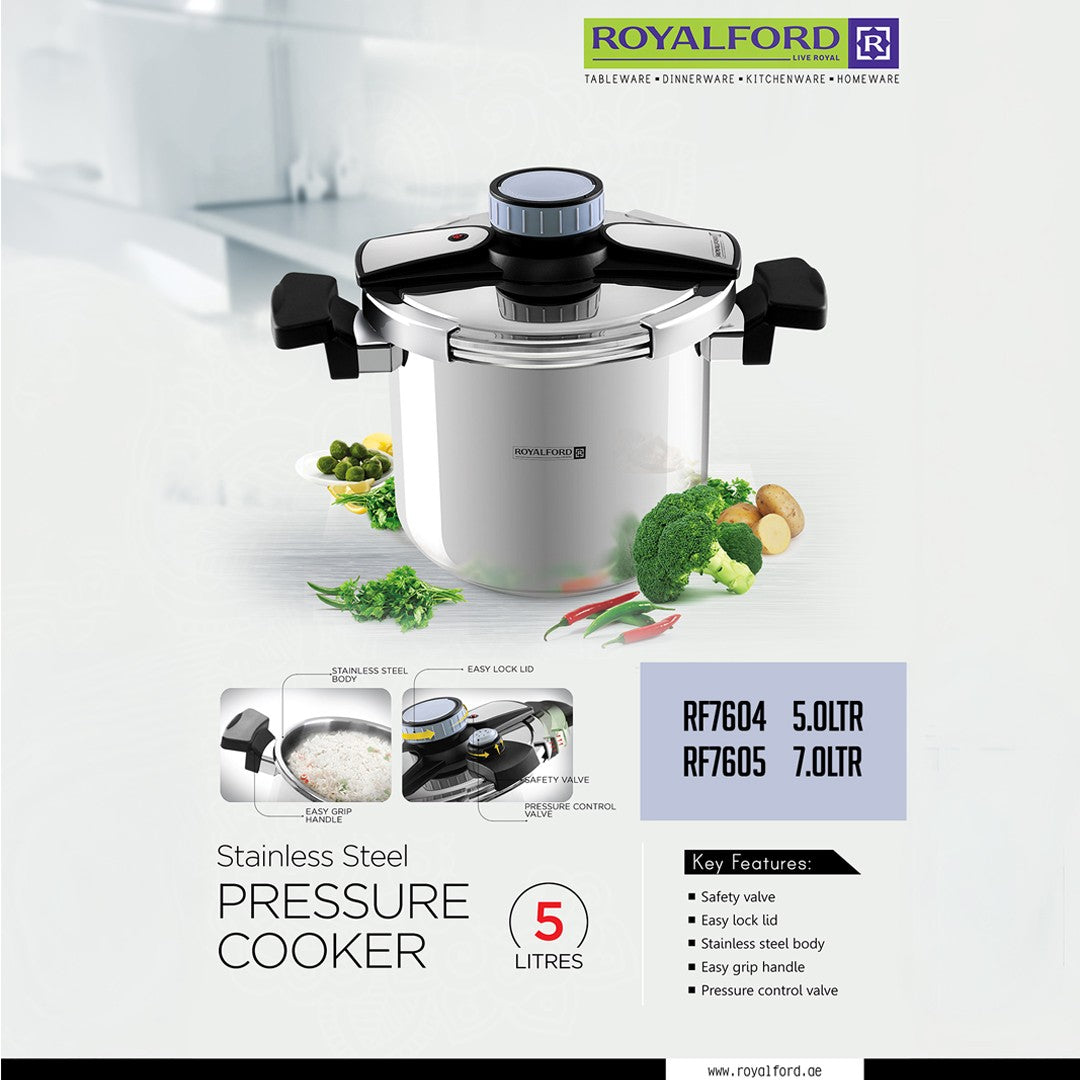 Royalford Stainless Steel Pressure Cooker RF7604 5 Litre | Durable Stainless Steel Body| Easy Lock Lid for Safe Cooking| Multi-Safety Features | Built-In Safety Valve