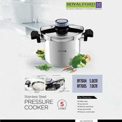 Royalford Stainless Steel Pressure Cooker RF7604 5 Litre | Durable Stainless Steel Body| Easy Lock Lid for Safe Cooking| Multi-Safety Features | Built-In Safety Valve