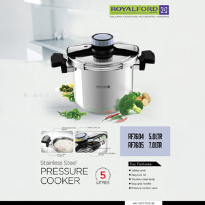 Royalford 7 Litre Stainless Steel Pressure Cooker RF7605 | Durable SS Body | Easy Lock Lid| Safety Valve & Precision Pressure Control Valve| Efficient For Family Cooking