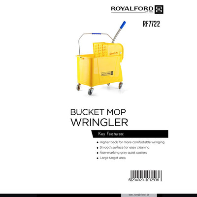 Royalford RF7722 Bucket Mop Wrangler with Wheels | Heavy-Duty Mop Wringer Bucket | Comfortable Handle | Large Wringing Area | Smooth Surface & Non-Marking Quiet Casters