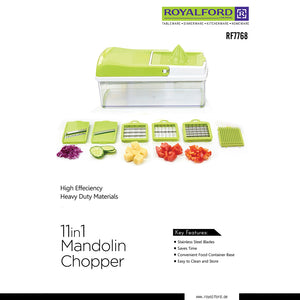 Royalford RF7768 11-in-1 Mandolin Chopper | Multi-Function Slicer & Dicer | Stainless Steel Blades| Heavy-Duty Container Base| Fast Vegetable Cutting | Easy To Clean