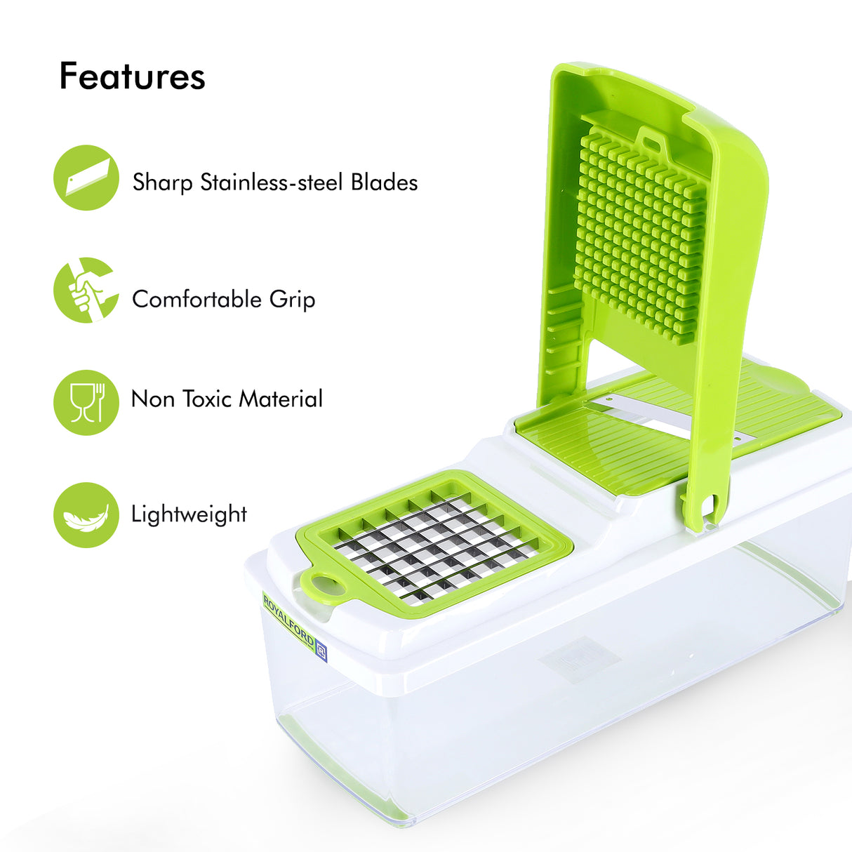 Royalford RF7768 11-in-1 Mandolin Chopper | Multi-Function Slicer & Dicer | Stainless Steel Blades| Heavy-Duty Container Base| Fast Vegetable Cutting | Easy To Clean