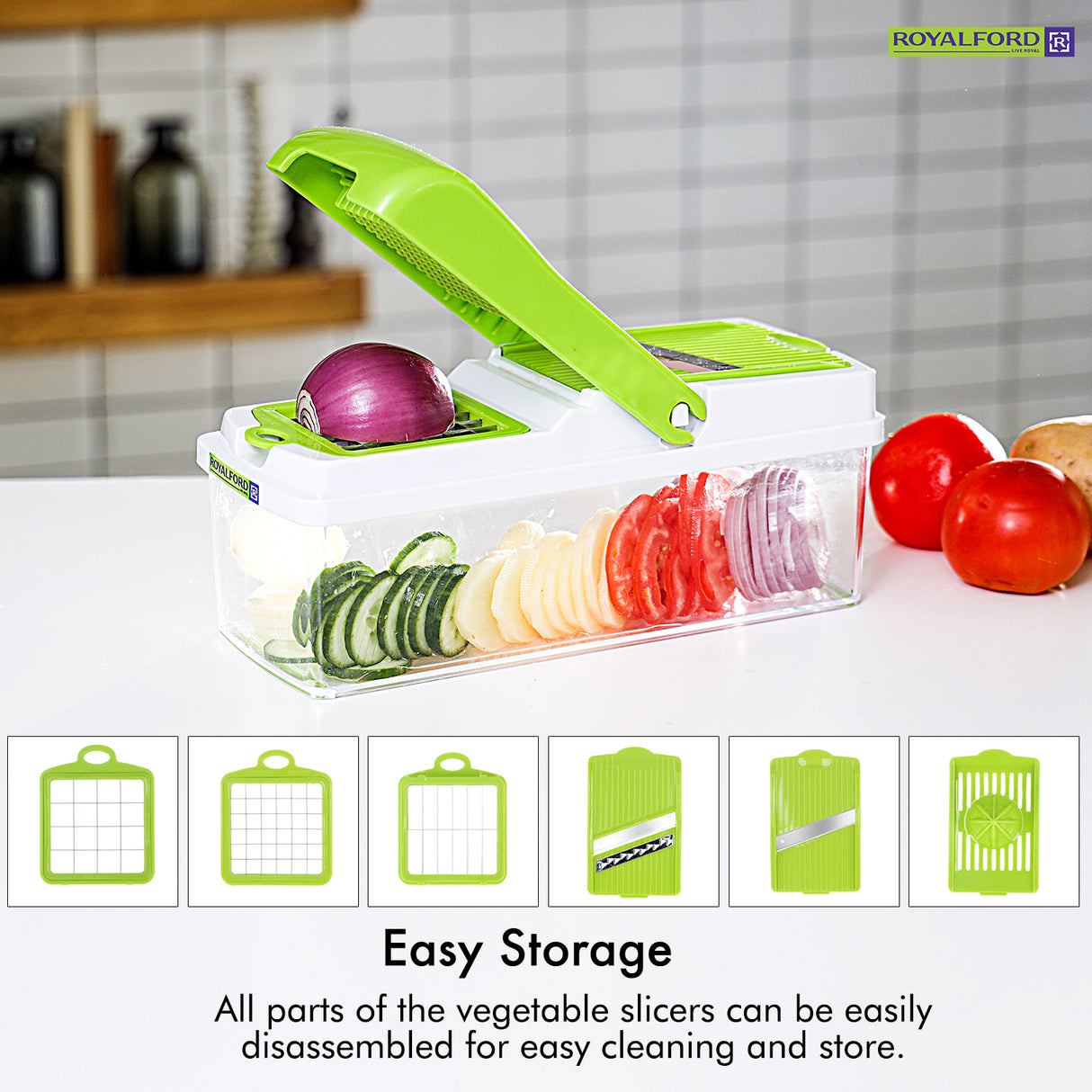 Royalford RF7768 11-in-1 Mandolin Chopper | Multi-Function Slicer & Dicer | Stainless Steel Blades| Heavy-Duty Container Base| Fast Vegetable Cutting | Easy To Clean