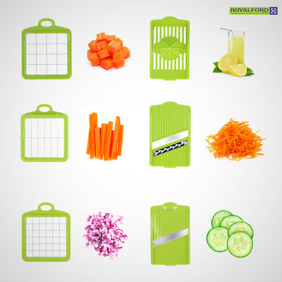 Royalford RF7768 11-in-1 Mandolin Chopper | Multi-Function Slicer & Dicer | Stainless Steel Blades| Heavy-Duty Container Base| Fast Vegetable Cutting | Easy To Clean