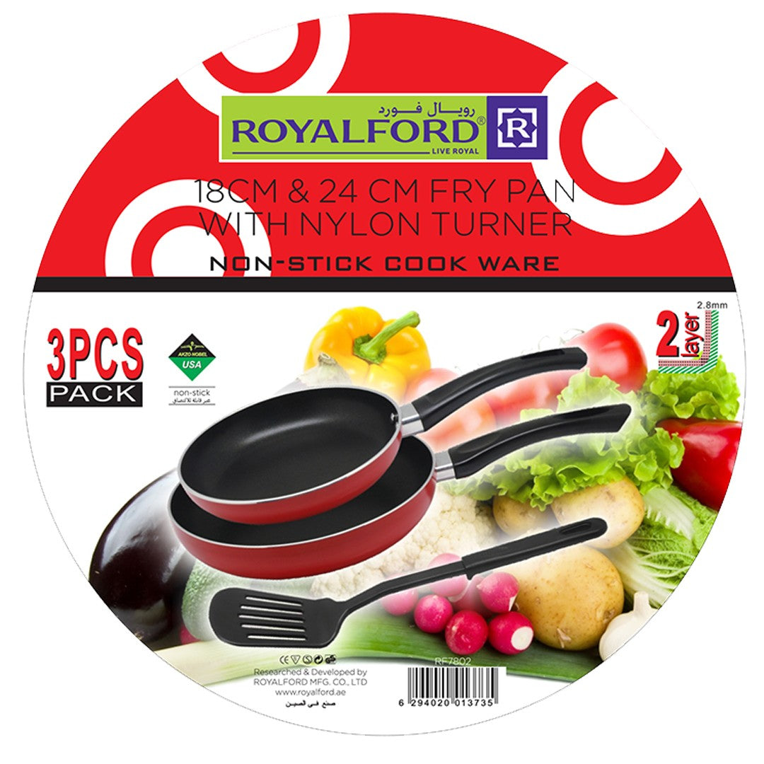 Royalford RF7802 2PCS Non-Stick Frypans Set |  Nylon Turner|  18CM & 24CM Aluminium Frying Pans | 2.8MM Thick Body |  Multi Cooktop Compatible for Daily Cooking