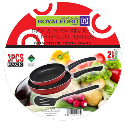 Royalford RF7802 2PCS Non-Stick Frypans Set |  Nylon Turner|  18CM & 24CM Aluminium Frying Pans | 2.8MM Thick Body |  Multi Cooktop Compatible for Daily Cooking
