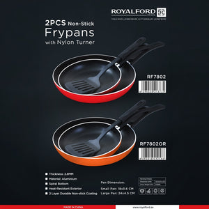 Royalford RF7802OR  2-Piece Non-Stick Frypans Set |  Nylon Turner | 18cm & 24cm Aluminium Frying Pans | 2.8mm Thick | Gas & Electric  Compatible, Suitable For Daily Use