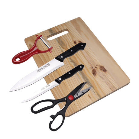 Royalford RF7826 Deluxe Cutting Set | 5 Pieces with Stainless Steel Knives, Peeler, Kitchen Scissor & Durable Wooden Cutting Board | Perfect for Everyday Kitchen Use
