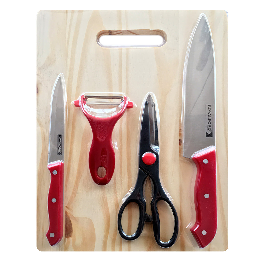 Royalford RF7826 Deluxe Cutting Set | 5 Pieces with Stainless Steel Knives, Peeler, Kitchen Scissor & Durable Wooden Cutting Board | Perfect for Everyday Kitchen Use