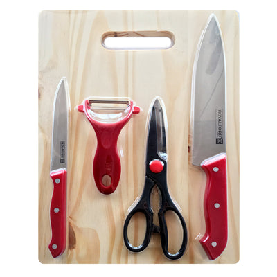 Royalford RF7826 Deluxe Cutting Set | 5 Pieces with Stainless Steel Knives, Peeler, Kitchen Scissor & Durable Wooden Cutting Board | Perfect for Everyday Kitchen Use