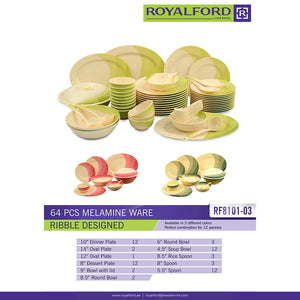 Royalford RF8101- 64-Piece Melamine Dinner Set | Ribble Designed| Break-Resistant & Lightweight Tableware for 12 Persons | Stylish Multi-Color Dining Set for Home