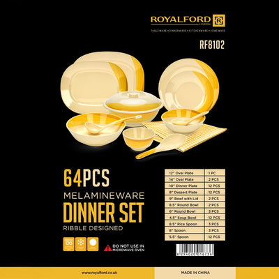 Royalford RF8102 64-Piece Melamine Dinner Set | Ribble Design| Break-Resistant & Lightweight Tableware | Assorted Plates,  Bowls,  Spoons| Perfect for Everyday Dining
