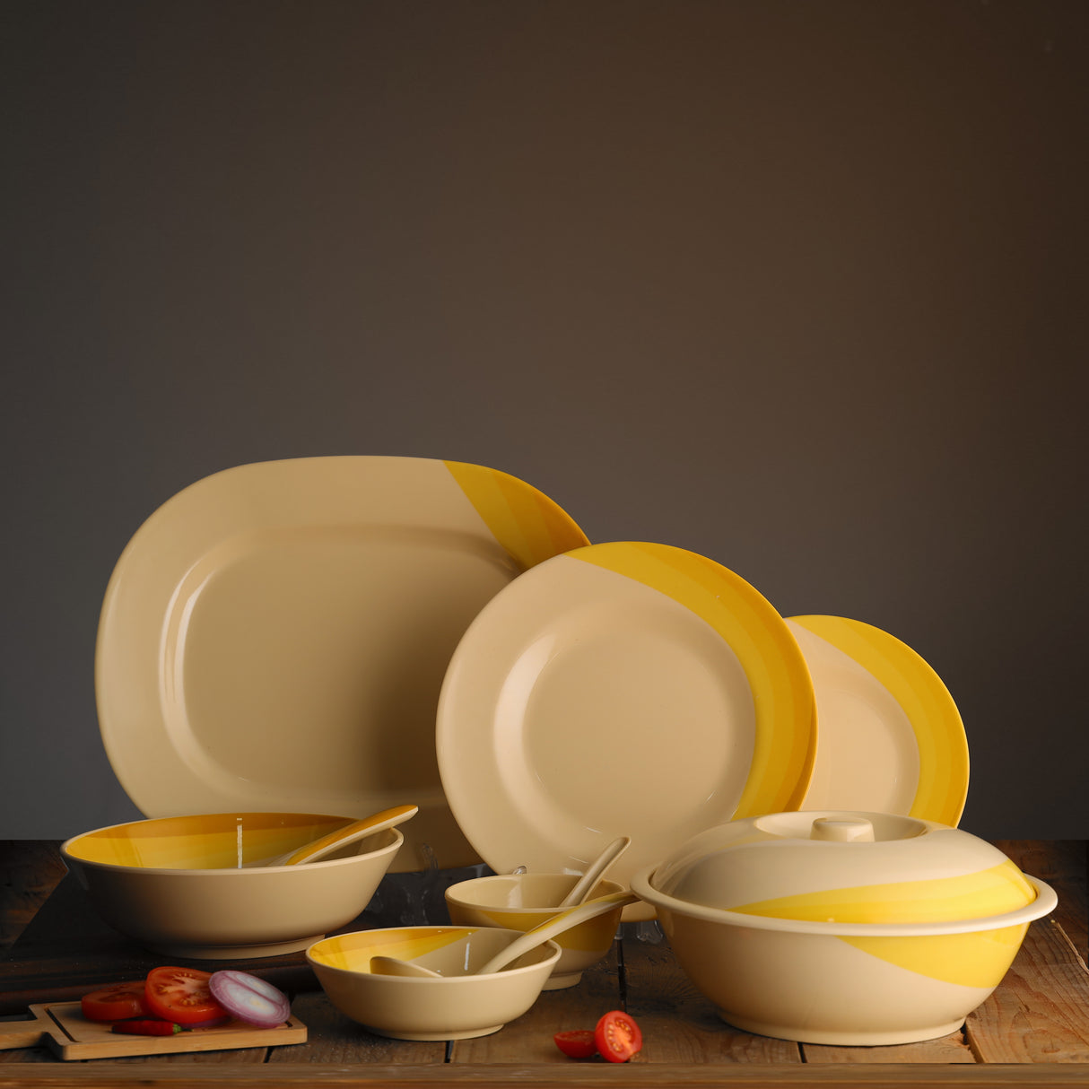 Royalford RF8102 64-Piece Melamine Dinner Set | Ribble Design| Break-Resistant & Lightweight Tableware | Assorted Plates,  Bowls,  Spoons| Perfect for Everyday Dining