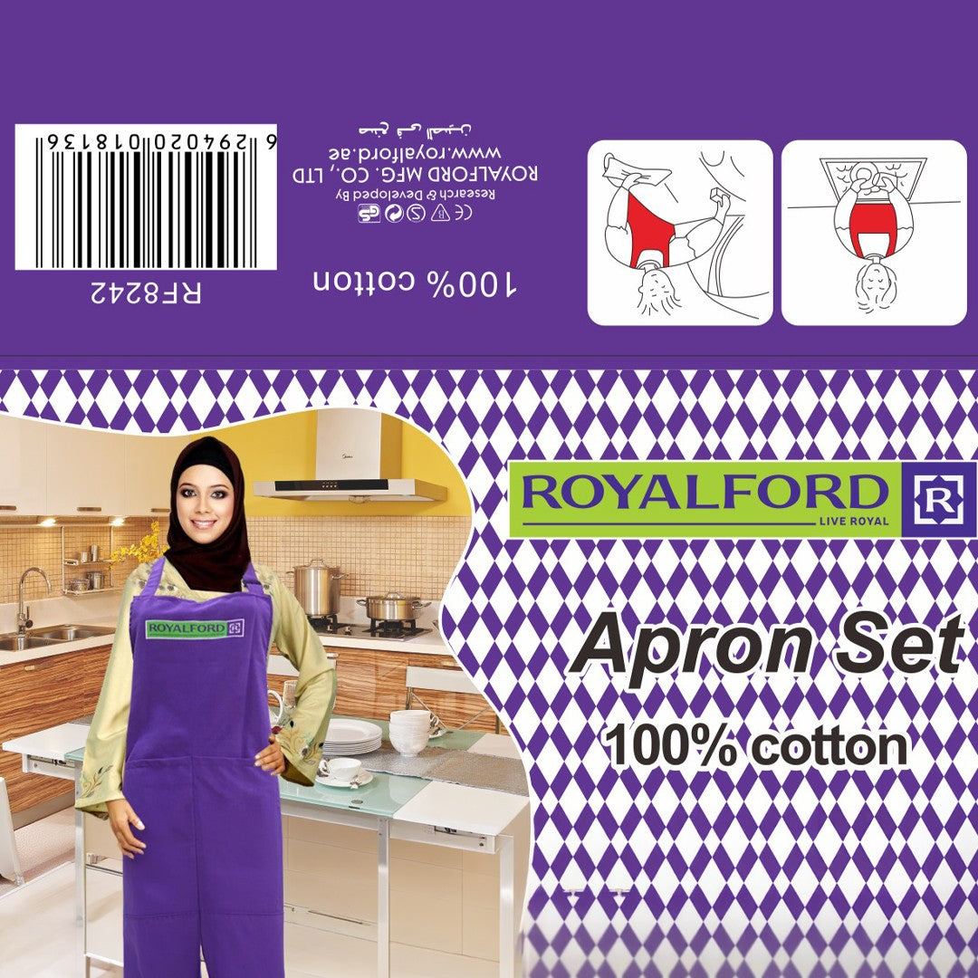 Royalford RF8242 Apron Set |  100% Cotton Durable Kitchen Cooking & Baking Apron | Comfortable Breathable Protective Apron for Home Kitchen Cleaning & Professional Use