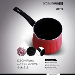 Royalford RF8274 12.5cm Flame Design Coffee Warmer | Strong Aluminium Body Coffee and Milk Heating Pot | Soft Touch Handle | Multi Cooktop Induction Compatible Base