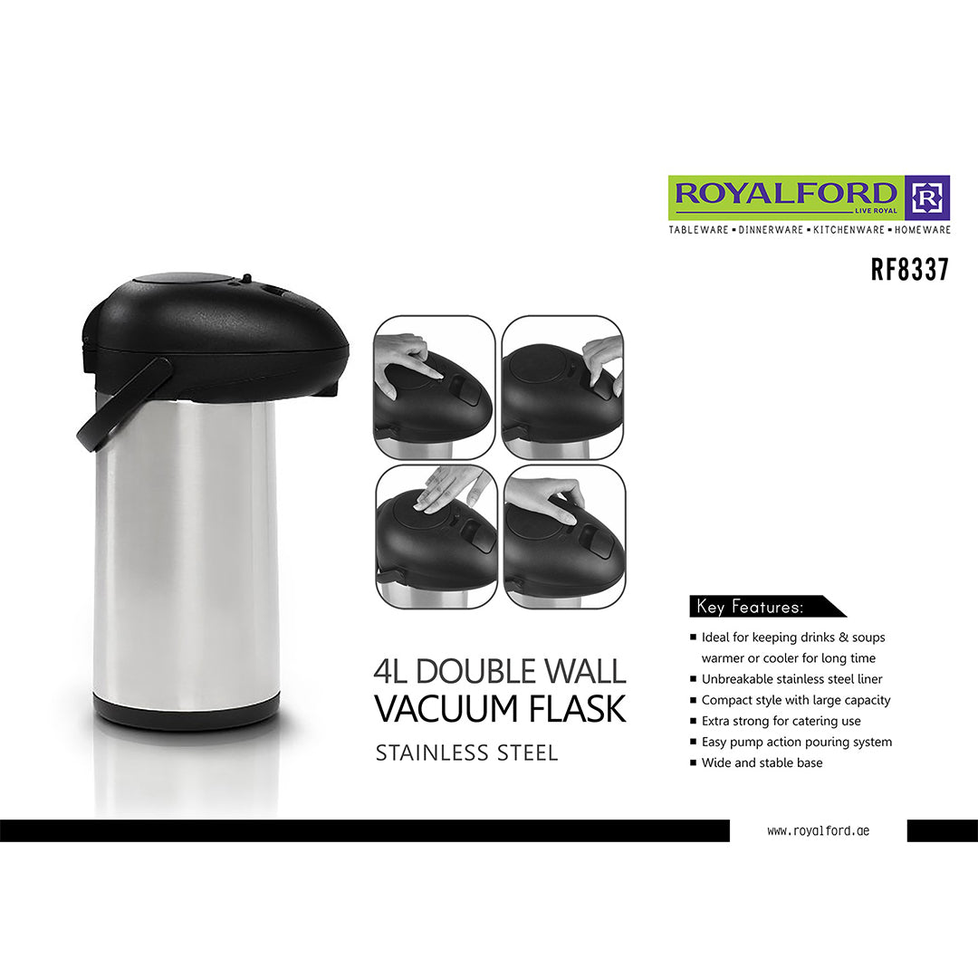 RoyalFord RF8337 4L Double Wall Vacuum Flask | Stainless Steel Pump Action | Airpot Hot and Cold Beverage Dispenser for Catering, Office, Restaurant  & Home Use