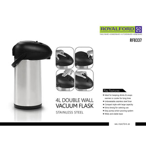 RoyalFord RF8337 4L Double Wall Vacuum Flask | Stainless Steel Pump Action | Airpot Hot and Cold Beverage Dispenser for Catering, Office, Restaurant  & Home Use