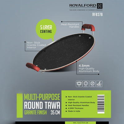 Royalford 35CM Multi-Purpose Round Tawa RF8378 | 5-Layer Granite Non-Stick Coating| 4.5MM Heavy Aluminium Body| Heat-Resistant Handles|  Multi-Cooktop Compatible