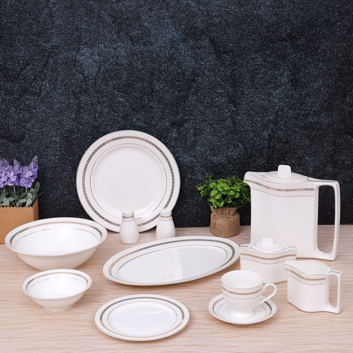 Royalford RF8396 Premium New Bone China 47-Piece Elegant Dinner Set|  Chip-Resistant Build| Gold Rim Design| Luxury Dining Collection for Everyday Meals & Parties