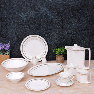 Royalford RF8396 Premium New Bone China 47-Piece Elegant Dinner Set|  Chip-Resistant Build| Gold Rim Design| Luxury Dining Collection for Everyday Meals & Parties