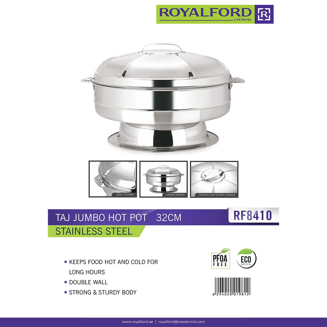 Royalford RF8410 32cm Taj Jumbo Hot Pot | Stainless Steel Double Wall Insulated Food Warmer with Locking Lid | Secure easy-lock lid | Strong and sturdy body | Food-safe