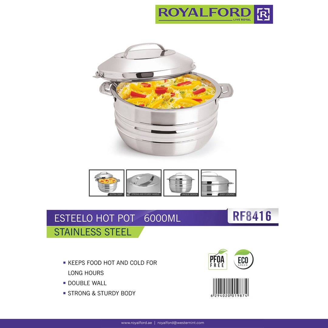 Royalford RF8416 6L Esteelo Stainless Steel Insulated Hot Pot | Double Wall Food Warmer | Premium Stainless Steel Construction | Easy-Locking Lid | Extra Deep Design