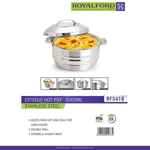 Royalford RF8416 6L Esteelo Stainless Steel Insulated Hot Pot | Double Wall Food Warmer | Premium Stainless Steel Construction | Easy-Locking Lid | Extra Deep Design