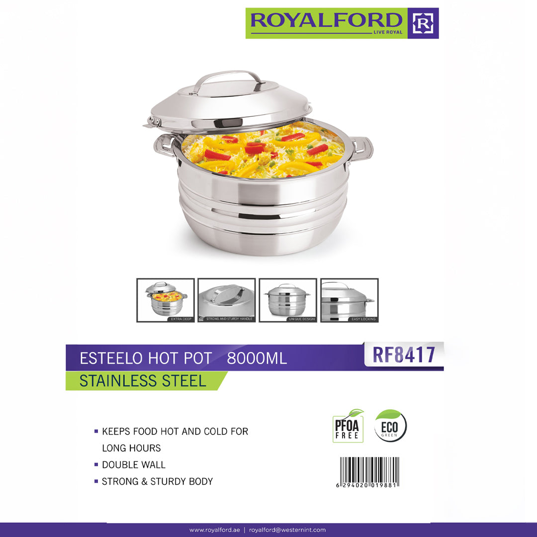 Royalford RF8417  8L Esteelo Stainless Steel Insulated Hot Pot | Double Wall Food Warmer | Premium Stainless Steel Body  | Easy Locking Lid | Extra Deep Design