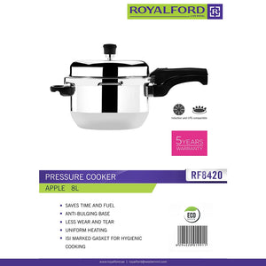 Royalford RF8420 Apple Pressure Cooker 8L | Induction & LPG Compatible | Anti-Bulging Base| Uniform Heating| ISI Marked Gasket for Hygienic Cooking| 5 Years Warranty