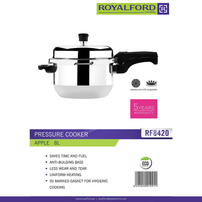 Royalford RF8420 Apple Pressure Cooker 8L | Induction & LPG Compatible | Anti-Bulging Base| Uniform Heating| ISI Marked Gasket for Hygienic Cooking| 5 Years Warranty