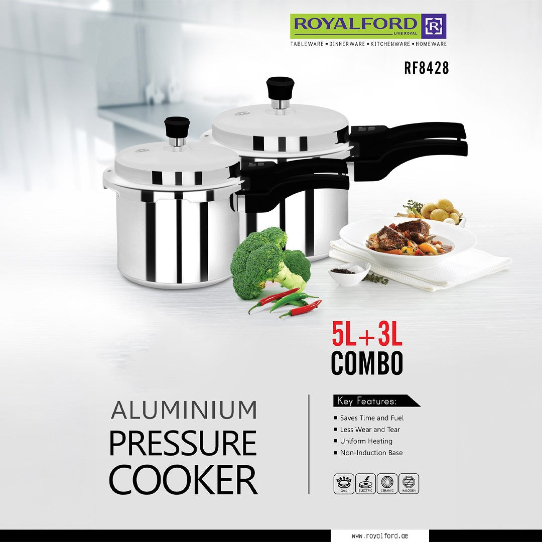 Royalford RF8428  Aluminium Pressure Cooker Combo 5L + 3L |  Non-Induction Base for Gas, Electric, Ceramic & Halogen Cooktops |   Durable Aluminium Construction