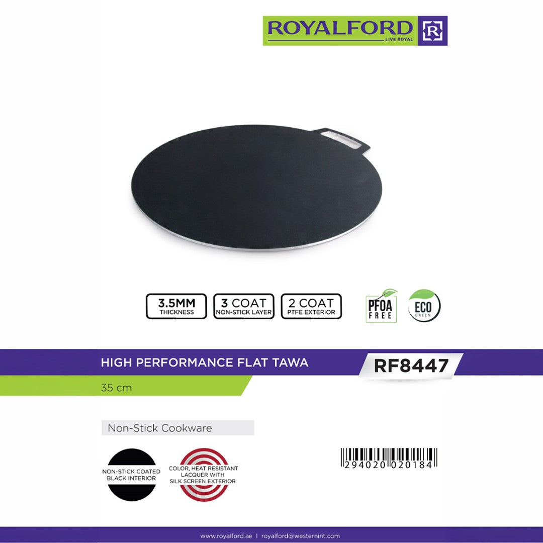 Royalford RF8447 High Performance Flat Tawa 35cm | 3.5mm Thick Non-Stick Cookware | Perfect for Roti, Dosa, Chapati with 3 Coat Interior, PFOA Free & Eco Friendly Design